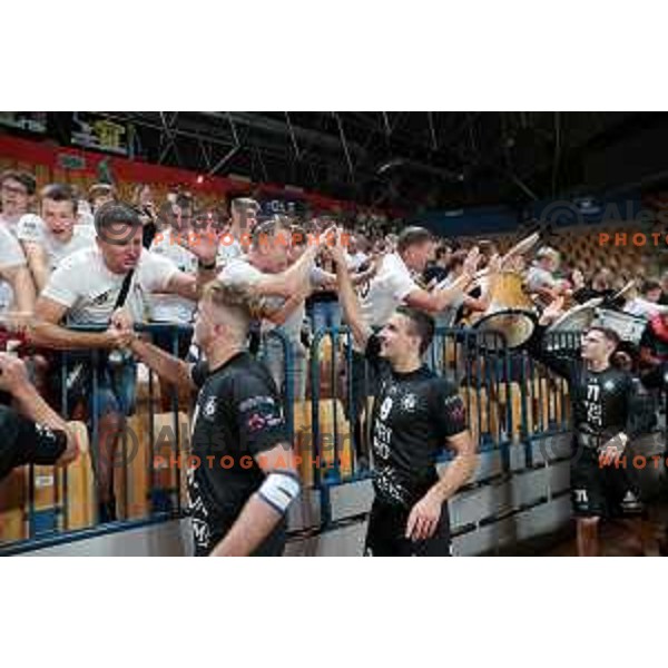Fans of Trimo Trebnje celebrate victory during 1.NLB Liga handball match between RK Pivovarna Lasko and Trimo Trebnje in Zlatorog Arena, Celje, Slovenia on September 9, 2023