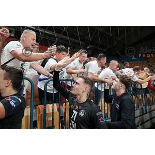Fans of Trimo Trebnje celebrate victory during 1.NLB Liga handball match between RK Pivovarna Lasko and Trimo Trebnje in Zlatorog Arena, Celje, Slovenia on September 9, 2023