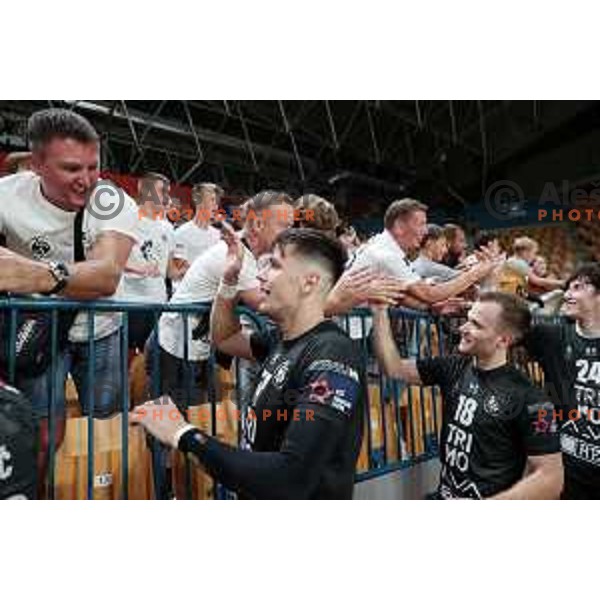 Fans of Trimo Trebnje celebrate victory during 1.NLB Liga handball match between RK Pivovarna Lasko and Trimo Trebnje in Zlatorog Arena, Celje, Slovenia on September 9, 2023