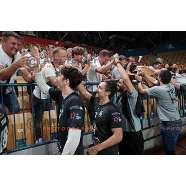 Fans of Trimo Trebnje celebrate victory during 1.NLB Liga handball match between RK Pivovarna Lasko and Trimo Trebnje in Zlatorog Arena, Celje, Slovenia on September 9, 2023