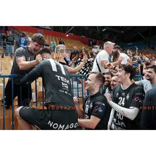Fans of Trimo Trebnje celebrate victory during 1.NLB Liga handball match between RK Pivovarna Lasko and Trimo Trebnje in Zlatorog Arena, Celje, Slovenia on September 9, 2023
