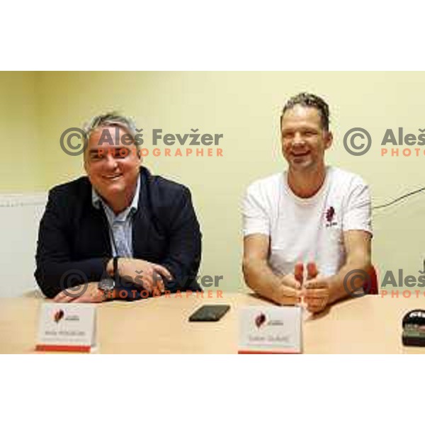 Manager Anze Pogacar and Gaber Glavic, head coach of HK SIJ Acroni Jesenice during press conference before start of 2023-2024 ice-hockey season in Jesenice, Slovenia on September 12, 2023