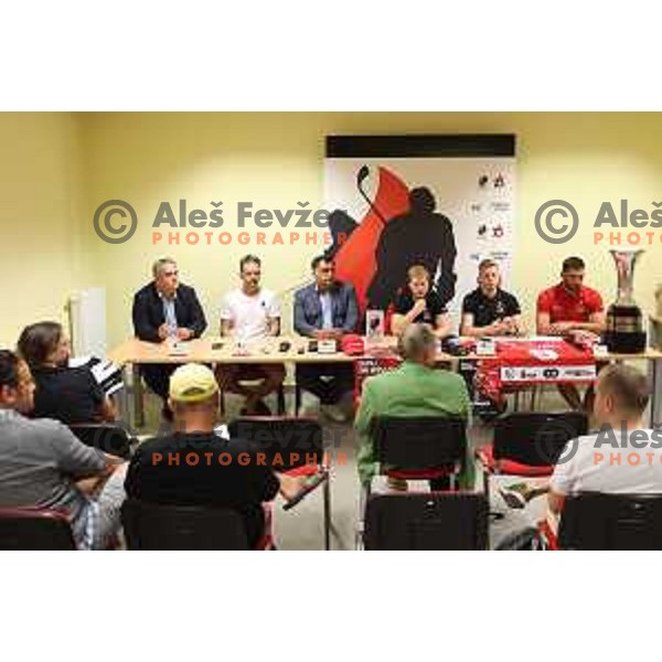 Manager Anze Pogacar, Gaber Glavic, head coach of HK SIJ Acroni Jesenice and President Peter Bohinec and players Gasper Glavic, Tadej Cimzar and Zan Jezovsek during press conference before start of 2023-2024 ice-hockey season in Jesenice, Slovenia on September 12, 2023