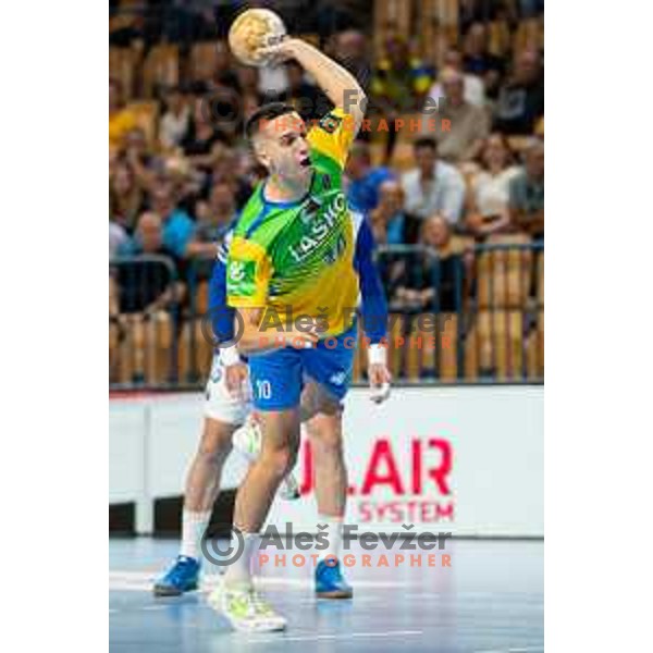 Tim Cokan in action during EHF Champions League handball match between Celje Pivovarna Lasko and FC Porto in Zlatorog Arena, Celje, Slovenia on September 20, 2023