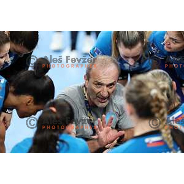 Dragan Adzic, head coach of Krim in action during EHF Champions League Women 2022-2023 handball match between Krim Mercator and FTC Rail Cargo Hungaria in Ljubljana, Slovenia on September 23, 2023