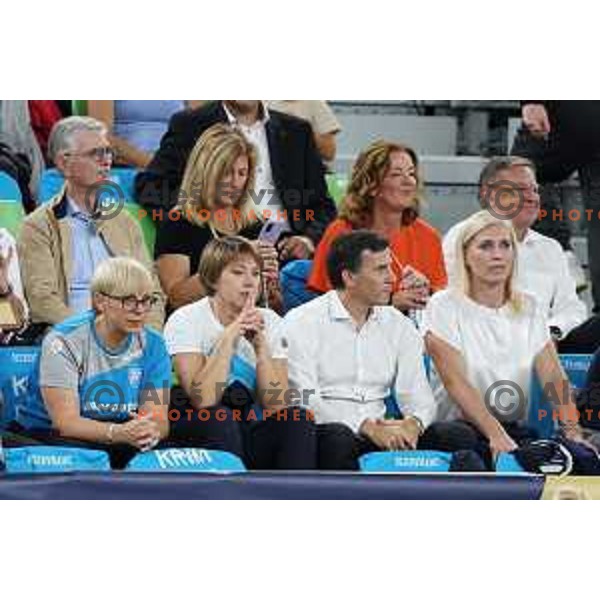 Franjo Bobinac, Natasa Pirc Musar, Deja Doler Ivanovic, Marta Bon and Zoran Jankovic during EHF Champions League Women 2022-2023 handball match between Krim Mercator and FTC Rail Cargo Hungaria in Ljubljana, Slovenia on September 23, 2023