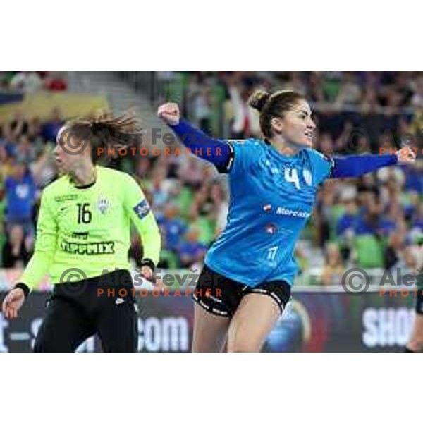 Jovanka Radicevic in action during EHF Champions League Women 2022-2023 handball match between Krim Mercator and FTC Rail Cargo Hungaria in Ljubljana, Slovenia on September 23, 2023