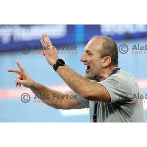 Dragan Adzic, head coach of Krim in action during EHF Champions League Women 2022-2023 handball match between Krim Mercator and FTC Rail Cargo Hungaria in Ljubljana, Slovenia on September 23, 2023