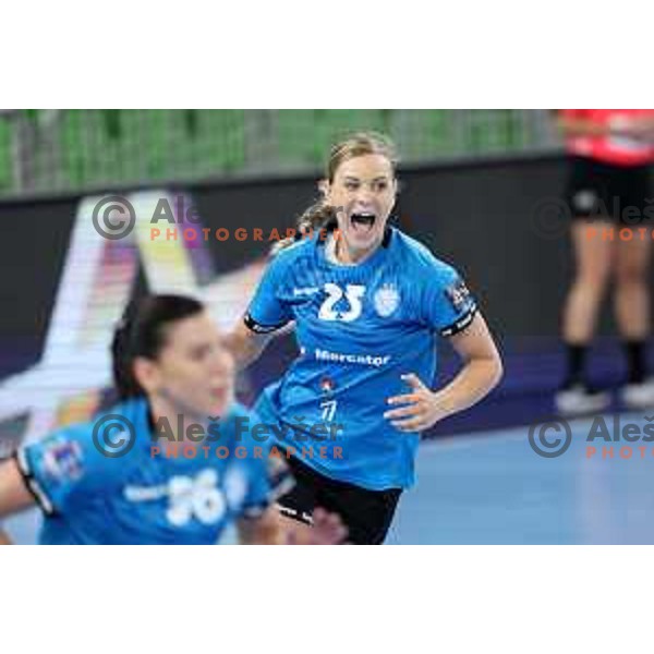 Barbara Lazovic in action during EHF Champions League Women 2022-2023 handball match between Krim Mercator and FTC Rail Cargo Hungaria in Ljubljana, Slovenia on September 23, 2023