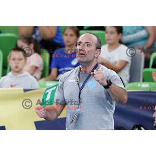 Dragan Adzic, head coach of Krim in action during EHF Champions League Women 2022-2023 handball match between Krim Mercator and FTC Rail Cargo Hungaria in Ljubljana, Slovenia on September 23, 2023