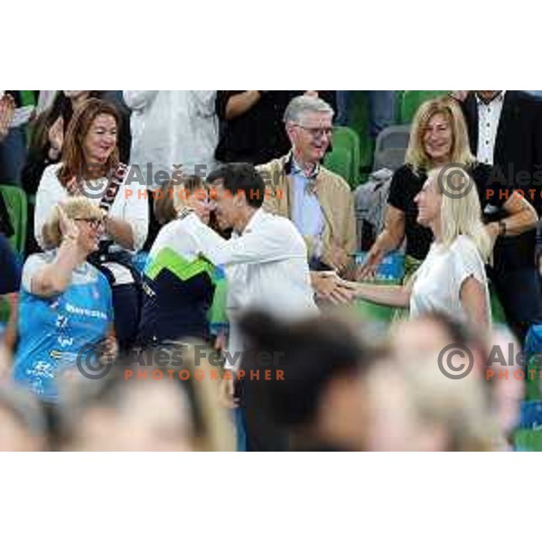 Franjo Bobinac, Natasa Pirc Musar, Deja Doler Ivanovic, Marta Bon and Zoran Jankovic during EHF Champions League Women 2022-2023 handball match between Krim Mercator and FTC Rail Cargo Hungaria in Ljubljana, Slovenia on September 23, 2023