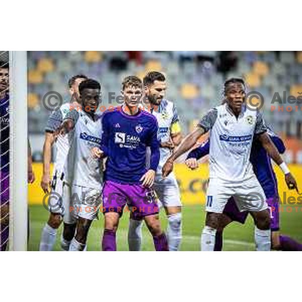 Mark Pabai and Bede Amarachi Osuji vs Marcel Lorber in action during Prva liga Telemach football match between Maribor and Koper in Ljudski vrt, Maribor, Slovenia on September 24, 2023. Photo: Jure Banfi