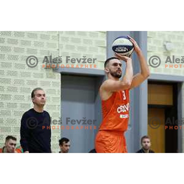 Rok Radovic in action during Slovenian SuperCup basketball match between Cedevita Olimpija and Kansai Helios Domzale in Kranj, Slovenia on September 25, 2023