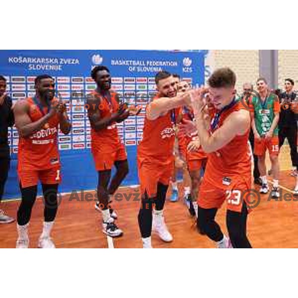 Luka Scuka in action during Slovenian SuperCup basketball match between Cedevita Olimpija and Kansai Helios Domzale in Kranj, Slovenia on September 25, 2023