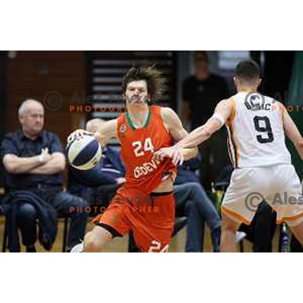 Jaka Klobucar in action during Slovenian SuperCup basketball match between Cedevita Olimpija and Kansai Helios Domzale in Kranj, Slovenia on September 25, 2023