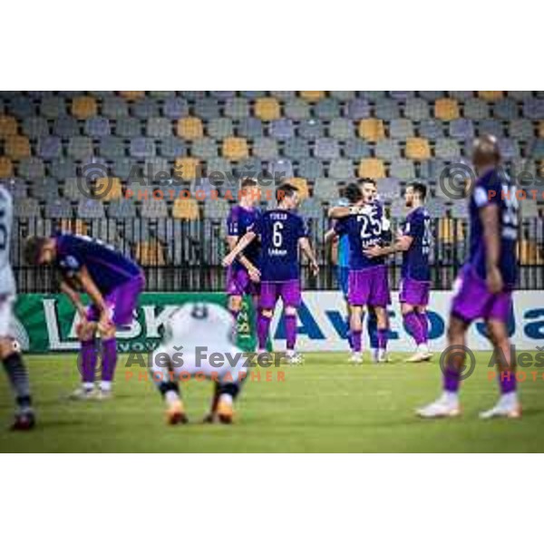 Aleks Pihler, Azbe Jug and Max Watson celebrating during Prva liga Telemach football match between Maribor and Radomlje in Ljudski vrt, Maribor, Slovenia on September 28, 2023. Photo: Jure Banfi