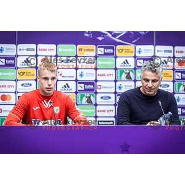 Luka Bas and Oliver Bogatinov, head coach of Radomlje at the press conference after Prva liga Telemach football match between Maribor and Radomlje in Ljudski vrt, Maribor, Slovenia on September 28, 2023. Photo: Jure Banfi