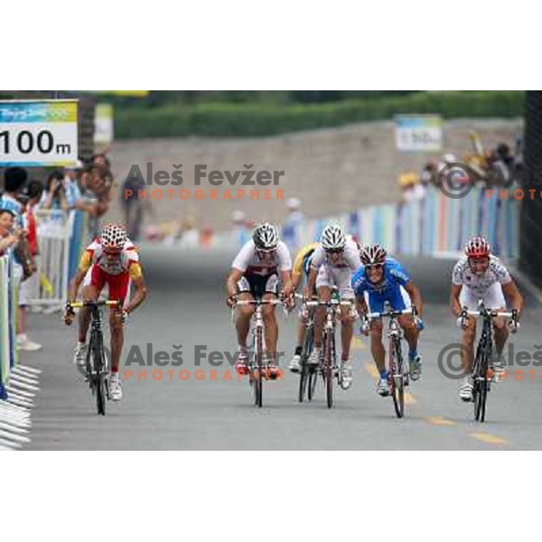 Sanchez, Cancellara, Schlek, kolobnev, Rebellin (left to right) during Cycling Road race at Olympic games i Beijing, China 9.8.2008 