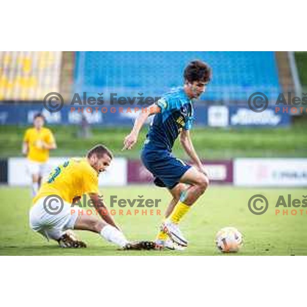 Jakov Gurlica vs Egor Prutsev in action during Prva liga Telemach football match between Celje and Bravo in Stadion z’Dezele, Celje, Slovenia on October 7, 2023. Photo: Jure Banfi