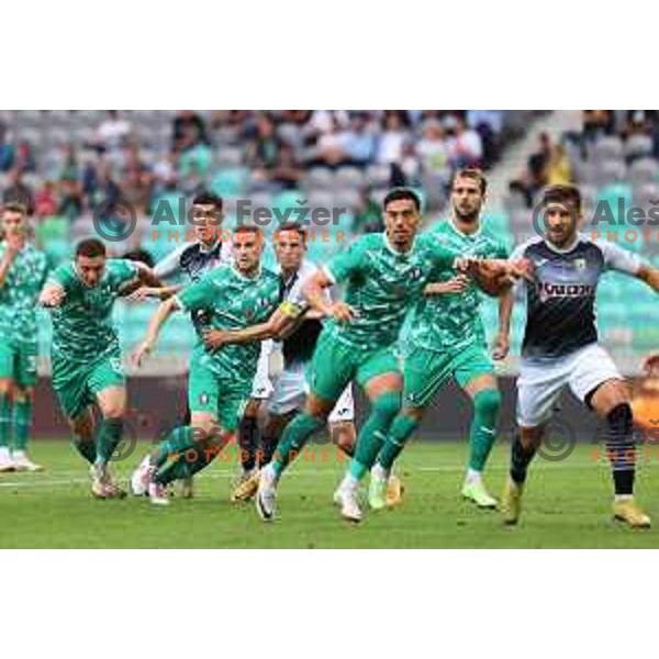 Timi Max Elsnik and Uros Korun in action during Prva Liga Telemach 2023/2024 football match between Olimpija and Radomlje in Ljubljana, Slovenia on October 8, 2023. Foto: Filip Barbalic