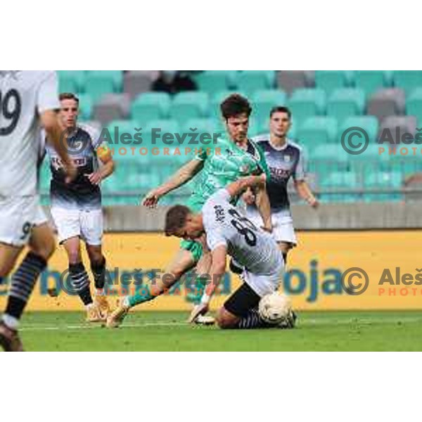 Uros Korun and Ivan Posavec in action during Prva Liga Telemach 2023/2024 football match between Olimpija and Radomlje in Ljubljana, Slovenia on October 8, 2023. Foto: Filip Barbalic