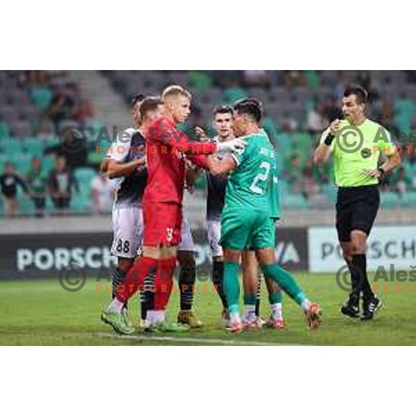 Luka Bas and Jorge Fernando Dos Santos Silva in action during Prva Liga Telemach 2023/2024 football match between Olimpija and Radomlje in Ljubljana, Slovenia on October 8, 2023. Foto: Filip Barbalic