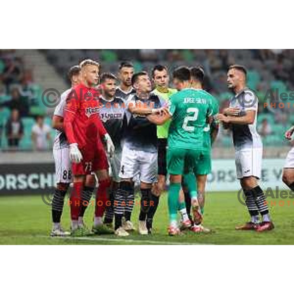 Luka Bas, Dejan Vokic and Jorge Fernando Dos Santos Silva in action during Prva Liga Telemach 2023/2024 football match between Olimpija and Radomlje in Ljubljana, Slovenia on October 8, 2023. Foto: Filip Barbalic