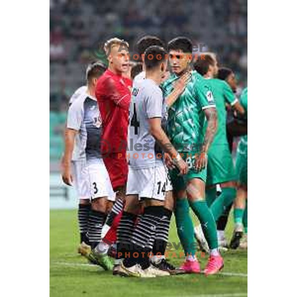 Luka Bas, Tin Hrvoj and Redi Kasa in action during Prva Liga Telemach 2023/2024 football match between Olimpija and Radomlje in Ljubljana, Slovenia on October 8, 2023. Foto: Filip Barbalic