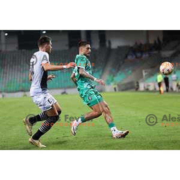 Tin Hrvoj and Rui Pedro Da Silva E Sousa in action during Prva Liga Telemach 2023/2024 football match between Olimpija and Radomlje in Ljubljana, Slovenia on October 8, 2023. Foto: Filip Barbalic