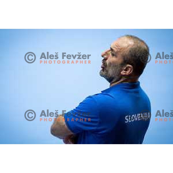 Dragan Adzic, head coach of Slovenia during Women’s Euro 2024 qualifications handball match between Slovenia and Latvia in Dvorana Golovec, Celje, Slovenia on October 11, 2023. Photo: Jure Banfi