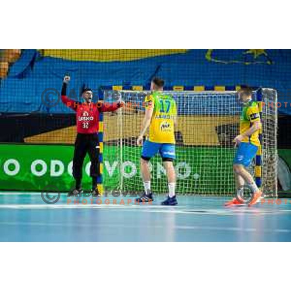 Rok Zaponsek in action during EHF Champions League handball match between Celje Pivovarna Lasko and Montpellier in Zlatorog Arena, Celje, Slovenia on October 11, 2023