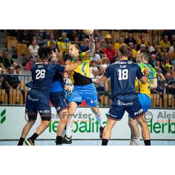 Ziga Mlakar in action during EHF Champions League handball match between Celje Pivovarna Lasko and Montpellier in Zlatorog Arena, Celje, Slovenia on October 11, 2023