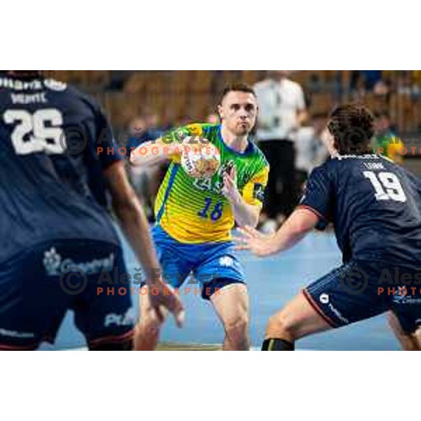 Mitja Janc in action during EHF Champions League handball match between Celje Pivovarna Lasko and Montpellier in Zlatorog Arena, Celje, Slovenia on October 11, 2023