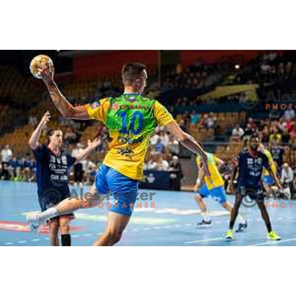 Tim Cokan in action during EHF Champions League handball match between Celje Pivovarna Lasko and Montpellier in Zlatorog Arena, Celje, Slovenia on October 11, 2023