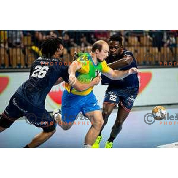 Grega Krecic in action during EHF Champions League handball match between Celje Pivovarna Lasko and Montpellier in Zlatorog Arena, Celje, Slovenia on October 11, 2023