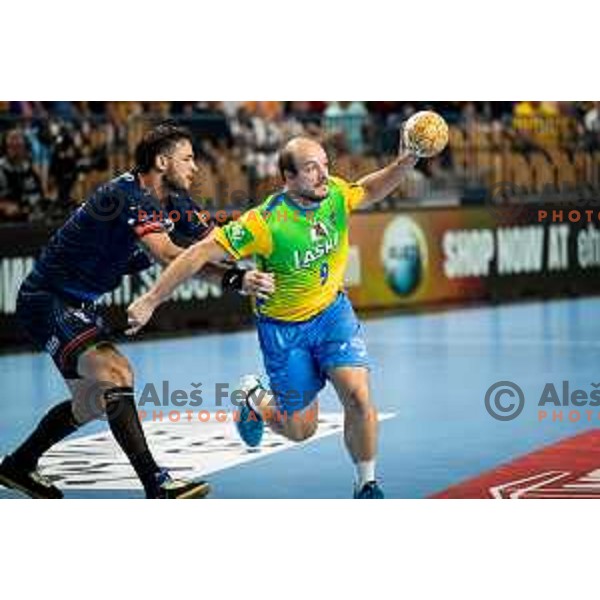 Grega Krecic in action during EHF Champions League handball match between Celje Pivovarna Lasko and Montpellier in Zlatorog Arena, Celje, Slovenia on October 11, 2023