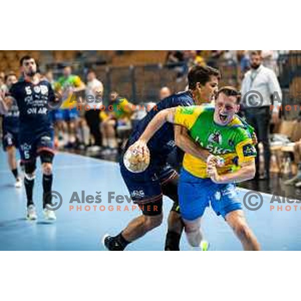 Vid Kacicnik in action during EHF Champions League handball match between Celje Pivovarna Lasko and Montpellier in Zlatorog Arena, Celje, Slovenia on October 11, 2023