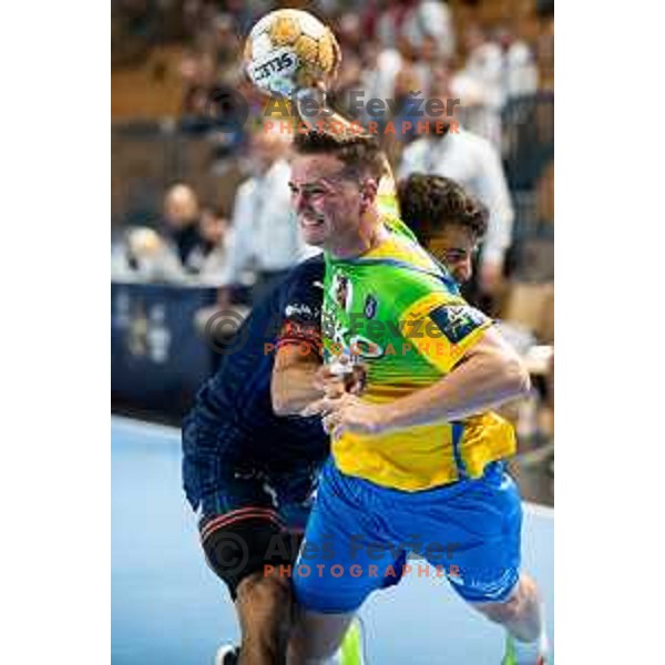 Vid Kacicnik in action during EHF Champions League handball match between Celje Pivovarna Lasko and Montpellier in Zlatorog Arena, Celje, Slovenia on October 11, 2023