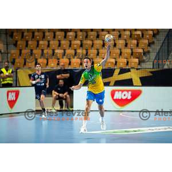 Tim Cokan in action during EHF Champions League handball match between Celje Pivovarna Lasko and Montpellier in Zlatorog Arena, Celje, Slovenia on October 11, 2023