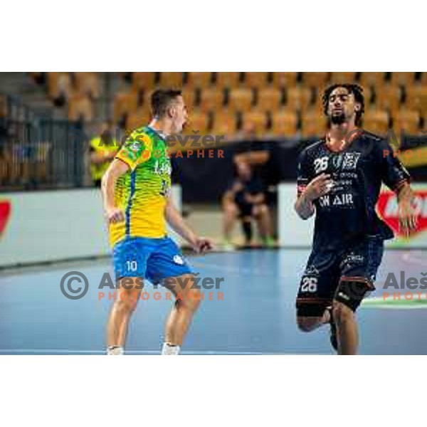 Tim Cokan in action during EHF Champions League handball match between Celje Pivovarna Lasko and Montpellier in Zlatorog Arena, Celje, Slovenia on October 11, 2023