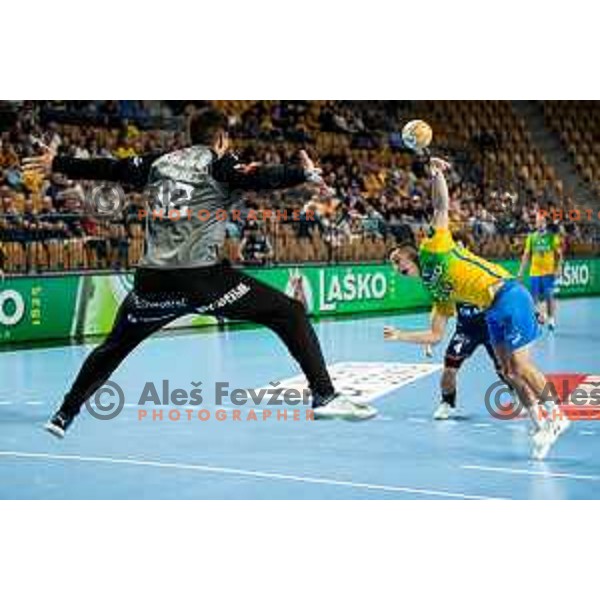 Tim Cokan in action during EHF Champions League handball match between Celje Pivovarna Lasko and Montpellier in Zlatorog Arena, Celje, Slovenia on October 11, 2023