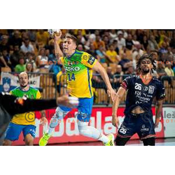 Vukasin Antonijevic in action during EHF Champions League handball match between Celje Pivovarna Lasko and Montpellier in Zlatorog Arena, Celje, Slovenia on October 11, 2023