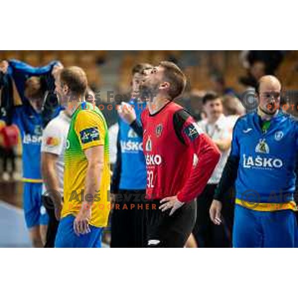 Rok Zaponsek in action during EHF Champions League handball match between Celje Pivovarna Lasko and Montpellier in Zlatorog Arena, Celje, Slovenia on October 11, 2023