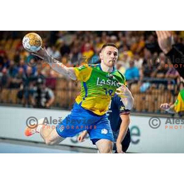 Mitja Janc in action during EHF Champions League handball match between Celje Pivovarna Lasko and Montpellier in Zlatorog Arena, Celje, Slovenia on October 11, 2023