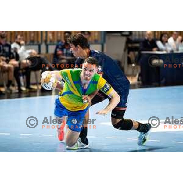 Mitja Janc in action during EHF Champions League handball match between Celje Pivovarna Lasko and Montpellier in Zlatorog Arena, Celje, Slovenia on October 11, 2023