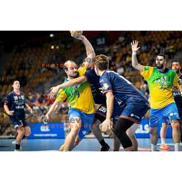 Grega Krecic in action during EHF Champions League handball match between Celje Pivovarna Lasko and Montpellier in Zlatorog Arena, Celje, Slovenia on October 11, 2023