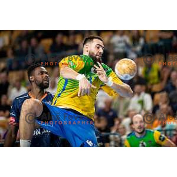 Stefan Zabic in action during EHF Champions League handball match between Celje Pivovarna Lasko and Montpellier in Zlatorog Arena, Celje, Slovenia on October 11, 2023