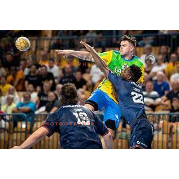 Ante Ivankovic in action during EHF Champions League handball match between Celje Pivovarna Lasko and Montpellier in Zlatorog Arena, Celje, Slovenia on October 11, 2023