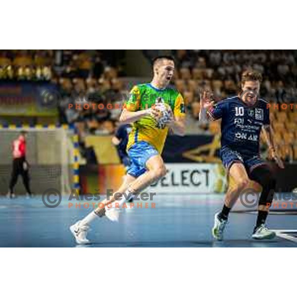 Tim Cokan in action during EHF Champions League handball match between Celje Pivovarna Lasko and Montpellier in Zlatorog Arena, Celje, Slovenia on October 11, 2023