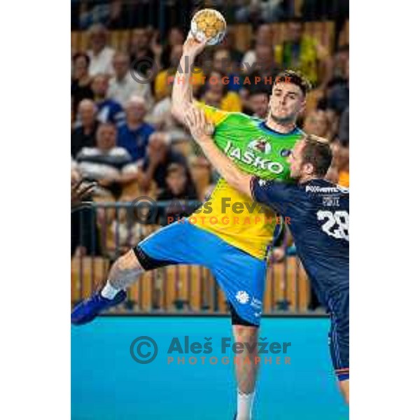 Ante Ivankovic in action during EHF Champions League handball match between Celje Pivovarna Lasko and Montpellier in Zlatorog Arena, Celje, Slovenia on October 11, 2023